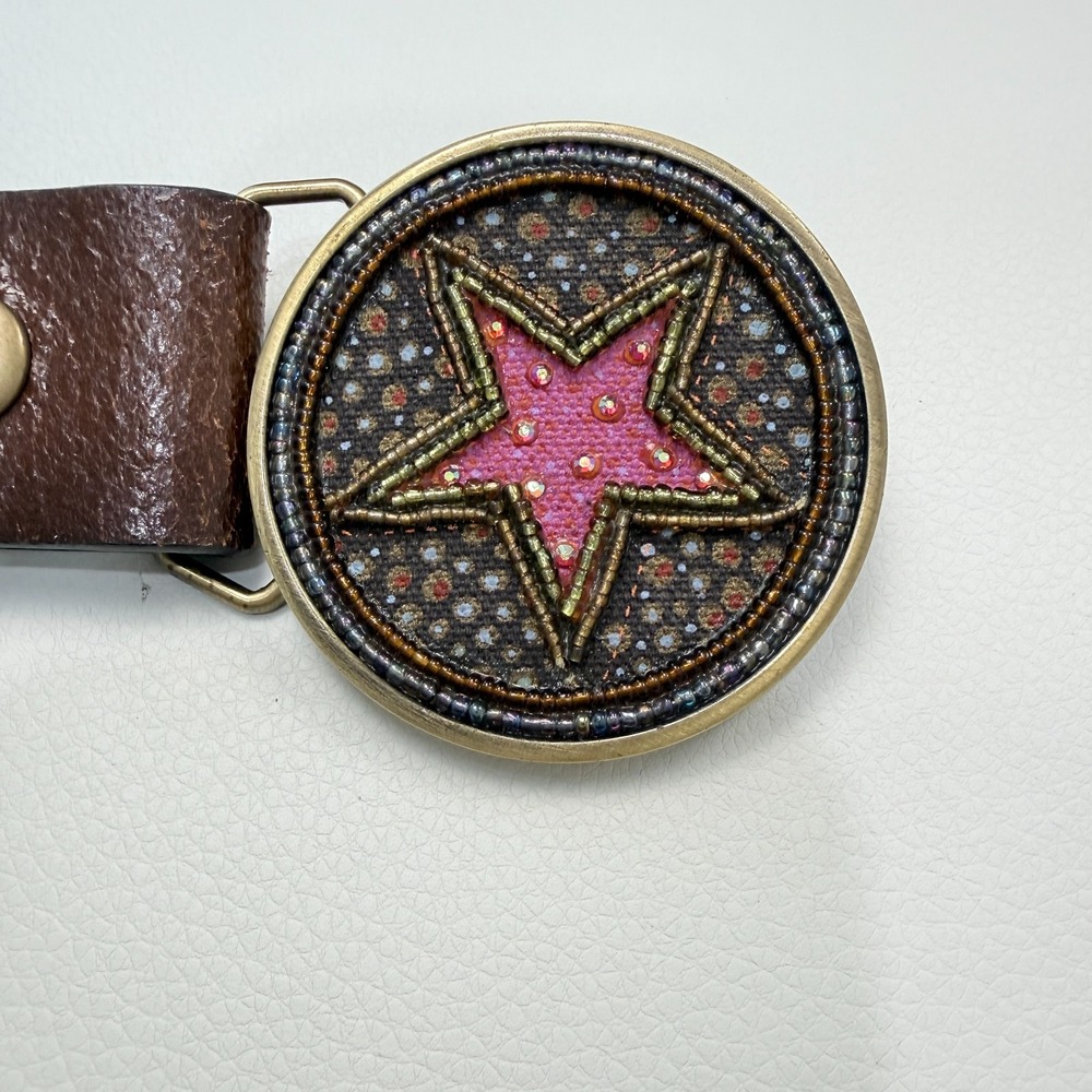 Natural Life Boho Western Leather Belt Pink Star Festival Rockstar Size S/M - Picture 2 of 8